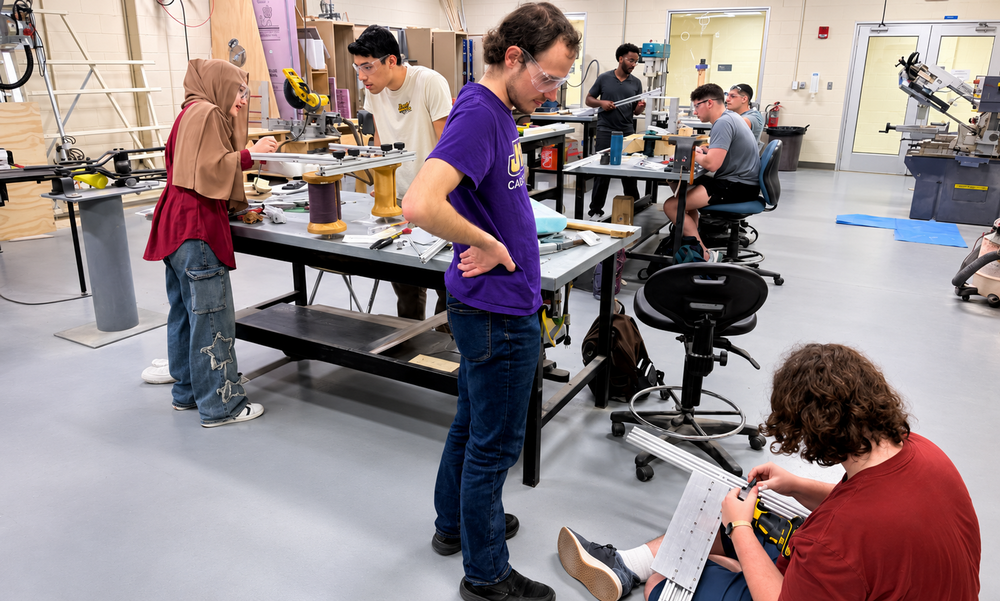Students testing a portable spinal-traction device in the engineering lab